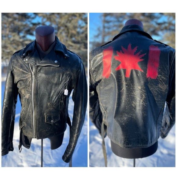 Vintage 80s Brush Fire Moto Steerhide Leather Jacket Biker Black Distressed Cana - Picture 1 of 16
